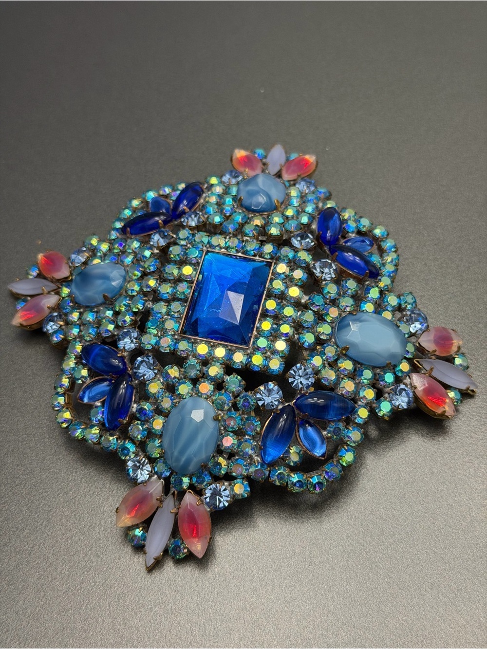 Vintage Massive Bijoux MG brooch  in blue and pink